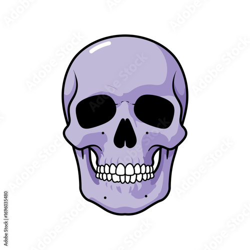Cartoonish Lavender Skull with Black Outlines and White Teeth Front View.