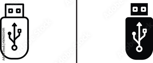 USB Flash Drive Icon: A clean and modern icon of a USB flash drive, symbolizing data storage and transfer, presented in both filled and outlined versions. 