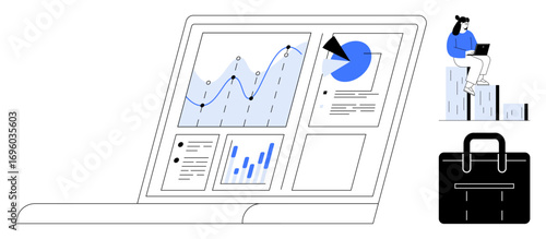 Open laptop displaying graphs, pie chart, and data reports. Woman with laptop seated on stacked bars. Briefcase nearby. Ideal for business analysis, strategy, planning, reporting research