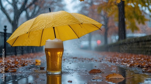 Wallpaper Mural Beer Glass Under Umbrella on Rainy Autumn Street: Surreal Comfort in Wet Weather Torontodigital.ca