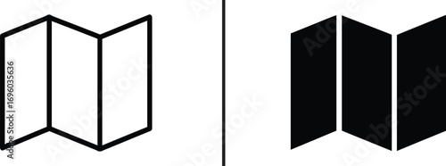Folded Map Icon: a symmetrical representation of a folded map in both white and black with its outlines visible. A versatile symbol ideal for navigation and travel-related projects. 