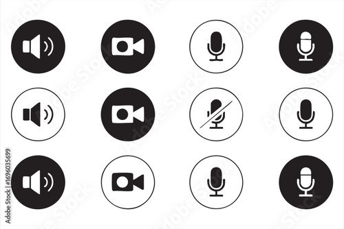 Black White Microphone and Camera Icon Collection for Media Design