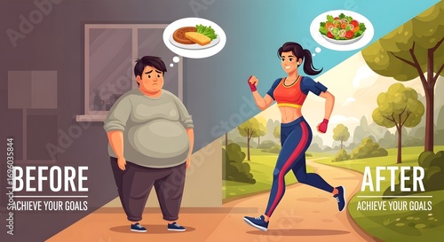 A visual comparison of lifestyle choices leading to a weight loss transformation from an unhealthy diet to active fitness and healthy eating