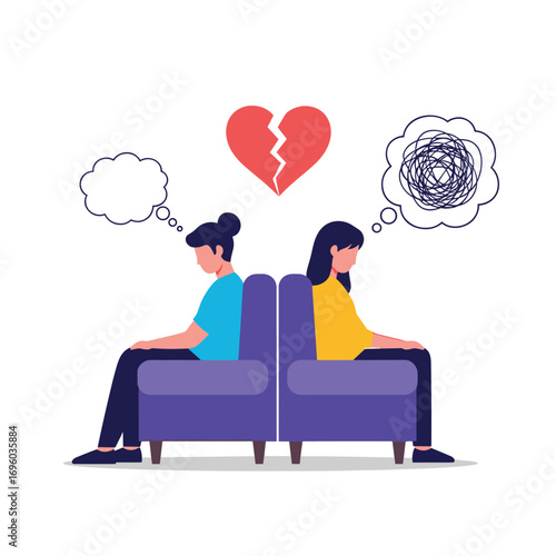 Illustrating relationship conflict and emotional turmoil between two individuals amidst a broken heart symbol