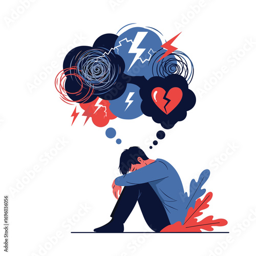 Illustration of a person experiencing mental distress and emotional turmoil depicted through abstract shapes and symbols