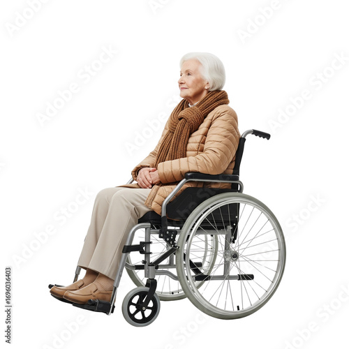 Elegant elderly woman gracefully seated in a wheelchair with a serene expression of resilience