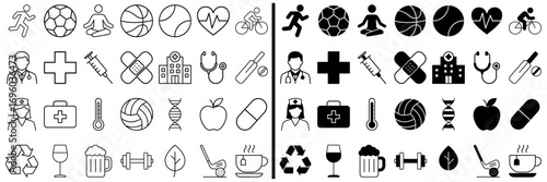 Icons of Wellness and Activity: A visual collection of icons celebrating a healthy lifestyle. This set captures a holistic view of wellness, perfect for conveying concepts of healthcare and fitness.