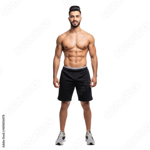 Full body shot of a muscular man showcasing athletic physique on a black background