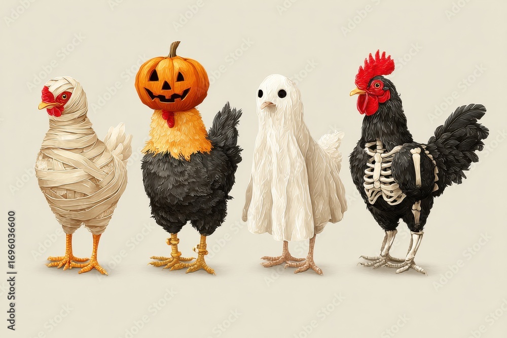 Fototapeta premium Four whimsical chickens dressed in Halloween costumes stand together. The costumes include a pumpkin head, mummy wrap, ghostly white, and skeleton.