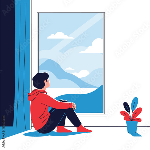 Young person sitting by the window looking at the mountains and sky on a sunny day