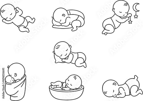 Sleeping Baby Icon Set – Cute Newborn Sleep Vector in Line Style