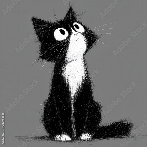 Black and white cartoon cat looking up with curiosity and innocence in a playful illustration style