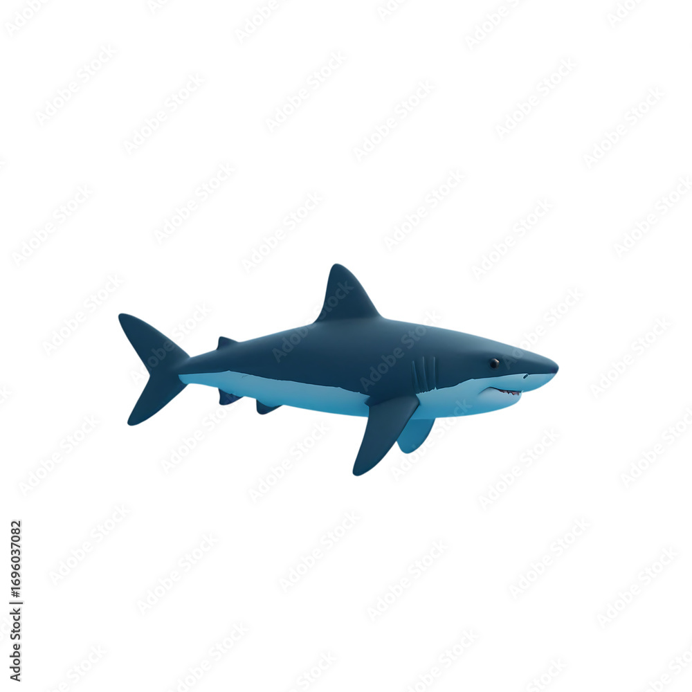 Fototapeta premium Isolated great white shark swimming in dark water showing its teeth and fins in side view angle