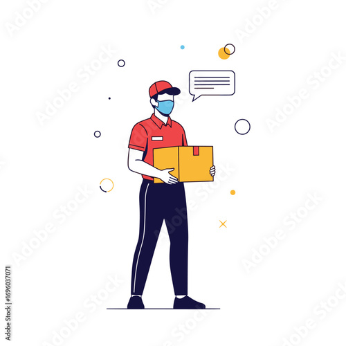 Delivery man wearing a mask holding a package and a chat bubble above his head symbolizing communication during contactless service