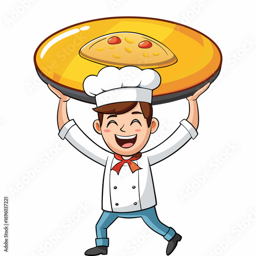 Creative vector illustration of a male chef flipping a giant omelette over his head in clean, commercial style