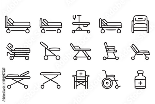 Vector Line Icons of Hospital Medical Equipment Beds and Stretchers