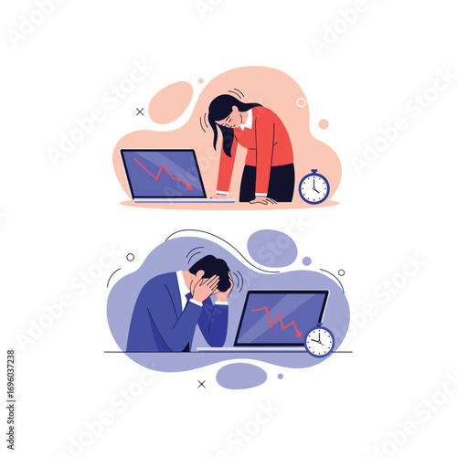 Business professionals experiencing stress and burnout due to overwork and financial worries