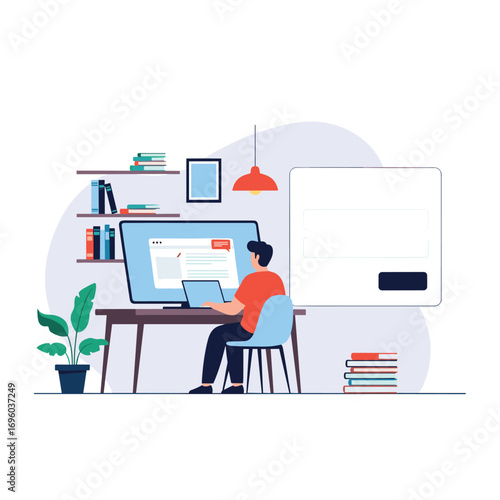 Young person studying online at a desk with books and a plant in a modern room environment