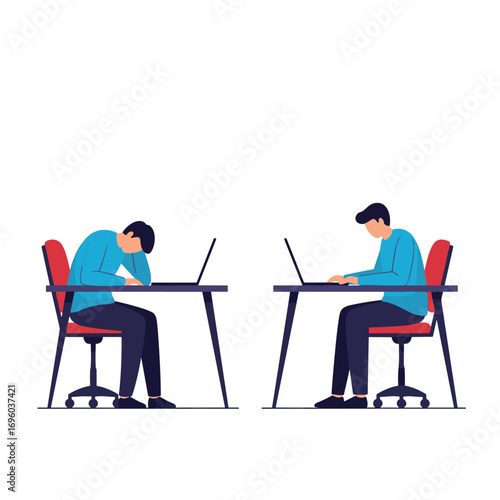 Two men working on laptops one is tired and slumped over the other is focused and productive