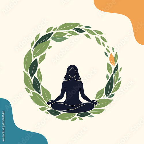 Serene woman meditating in a lush green wreath promoting inner peace and mindfulness for holistic well-being and mental clarity