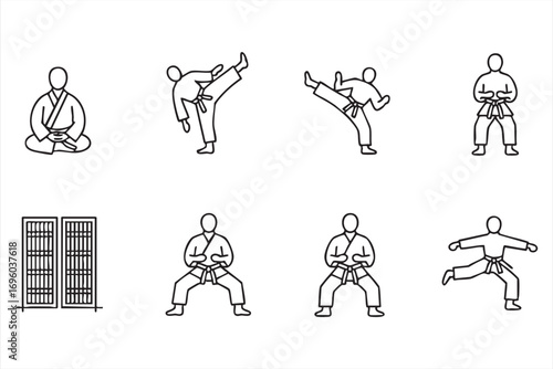 Outline Icon Set of Karate Dojo Meditation and Self Defense Moves