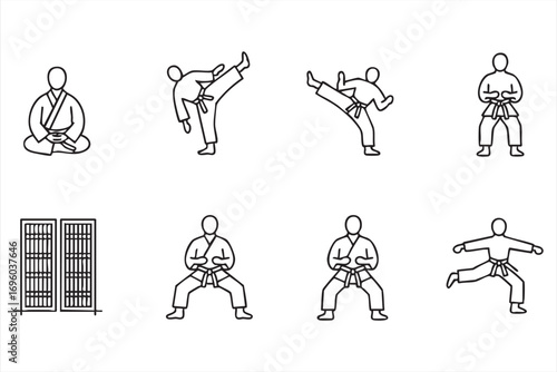 Vector Line Icons of Martial Arts Karate Training Poses and Kicks