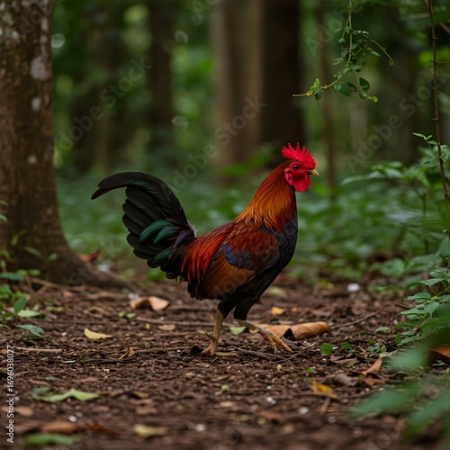 Red Junglefowl (Gallus gallus), the wild ancestor of domestic chicken, vibrant plumage, tropical forest bird, exotic wildlife, natural beauty, Southeast Asia species.