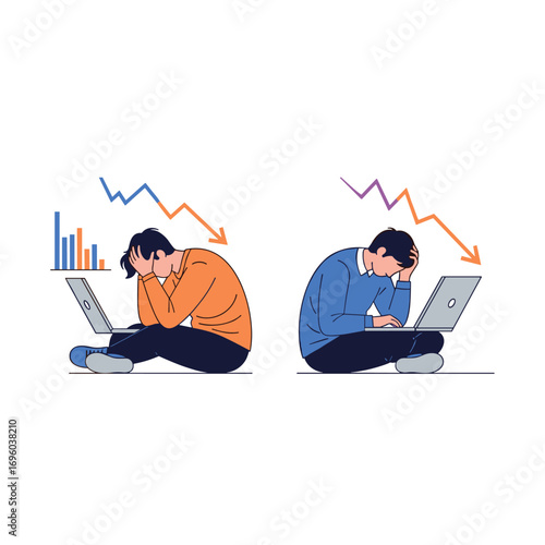 Two men with laptops look stressed with falling charts and arrows above them illustrating a decline