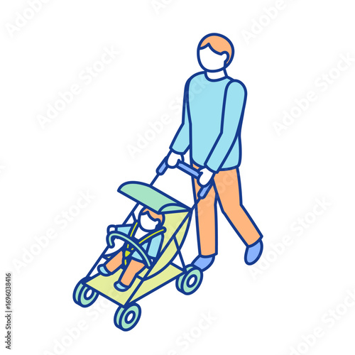 Isometric illustration of a man raising a child by placing the baby in a stroller
