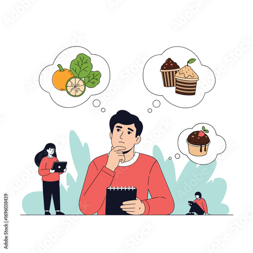 Man contemplating healthy food choices versus sugary desserts decision making process illustration