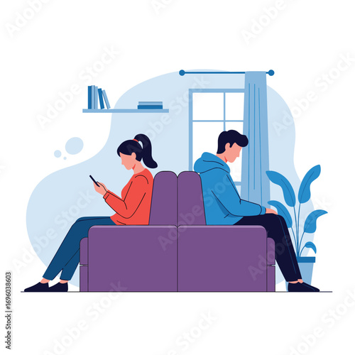 Couple sitting back to back on couch ignoring each other absorbed in their phones