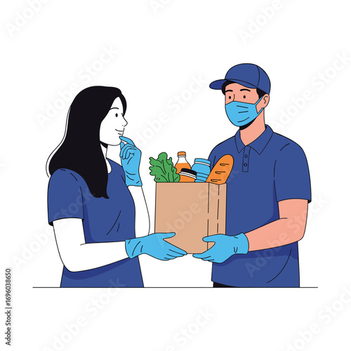 Illustrating a delivery person wearing a mask and gloves handing over groceries to a customer also wearing a mask and gloves