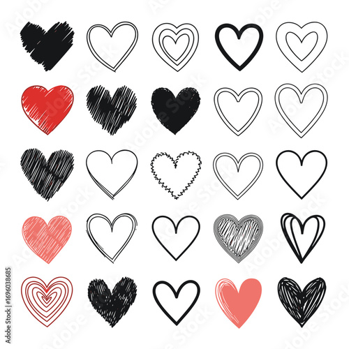 Collection of diverse hand drawn heart shapes and styles for romantic designs
