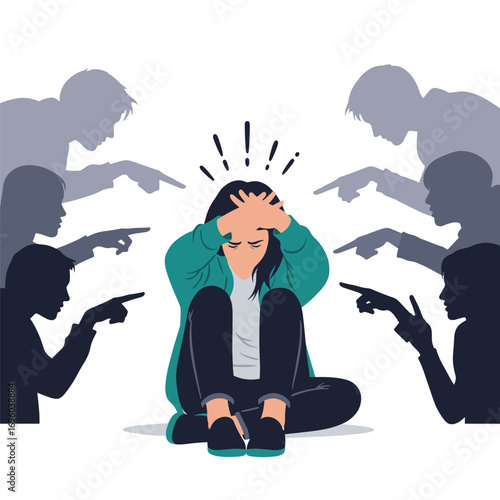 Girl surrounded by pointing figures feeling anxious and overwhelmed by judgment and criticism