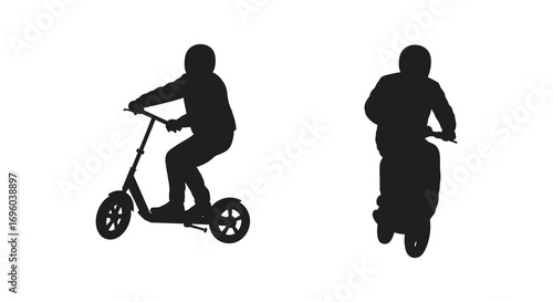two people riding scooters side by side in silhouette
