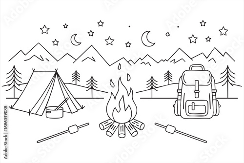 Camping Coloring Page Vector with Tent Backpack and Campfire Scene