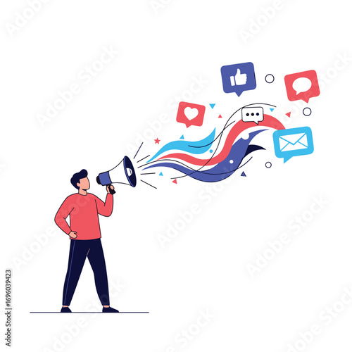 Digital marketing campaign spreading awareness across social media platforms through megaphone