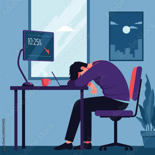 Exhausted office worker slumped over desk at night feeling burnout and low productivity due to long work hours and stress