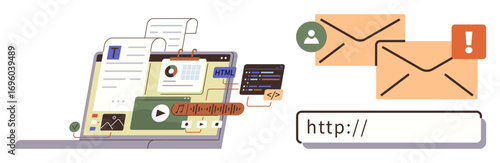 Open laptop displaying multimedia content, code snippets, and documents alongside email icons and a hyperlink bar. Ideal for digital workflow, communication, coding, web design, multimedia, teamwork