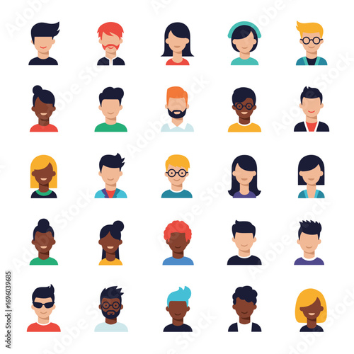 Diverse collection of stylized avatars representing various people and characters