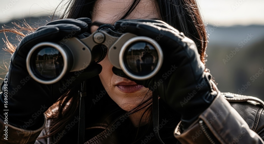 Obraz premium Woman Looking Through Binoculars, Surveillance, Observation