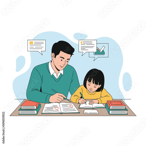A caring father patiently guides his young daughter through her homework and learning together