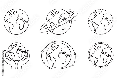 Vector Line Icons of Earth Globe Planet and Global Connections