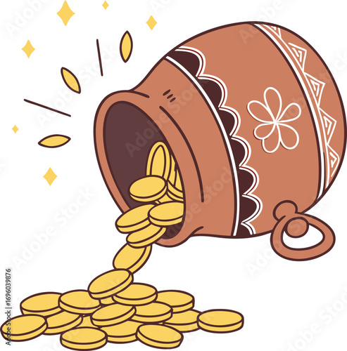 Clay pot spilling gold coins with sparkling stars terracotta pot