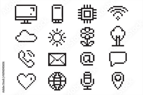 Pixel Technology and Communication Icons Set with Computer Smartphone and WiFi
