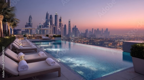 Rooftop infinity pool overlooking Dubai skyline at sunset