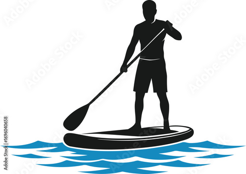 Paddleboarder enjoying a peaceful adventure on calm water while gliding across the surface with an oar