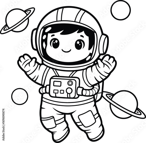 Cute Cartoon Astronaut Floating in Space with Planets – Kids Coloring Page Vector