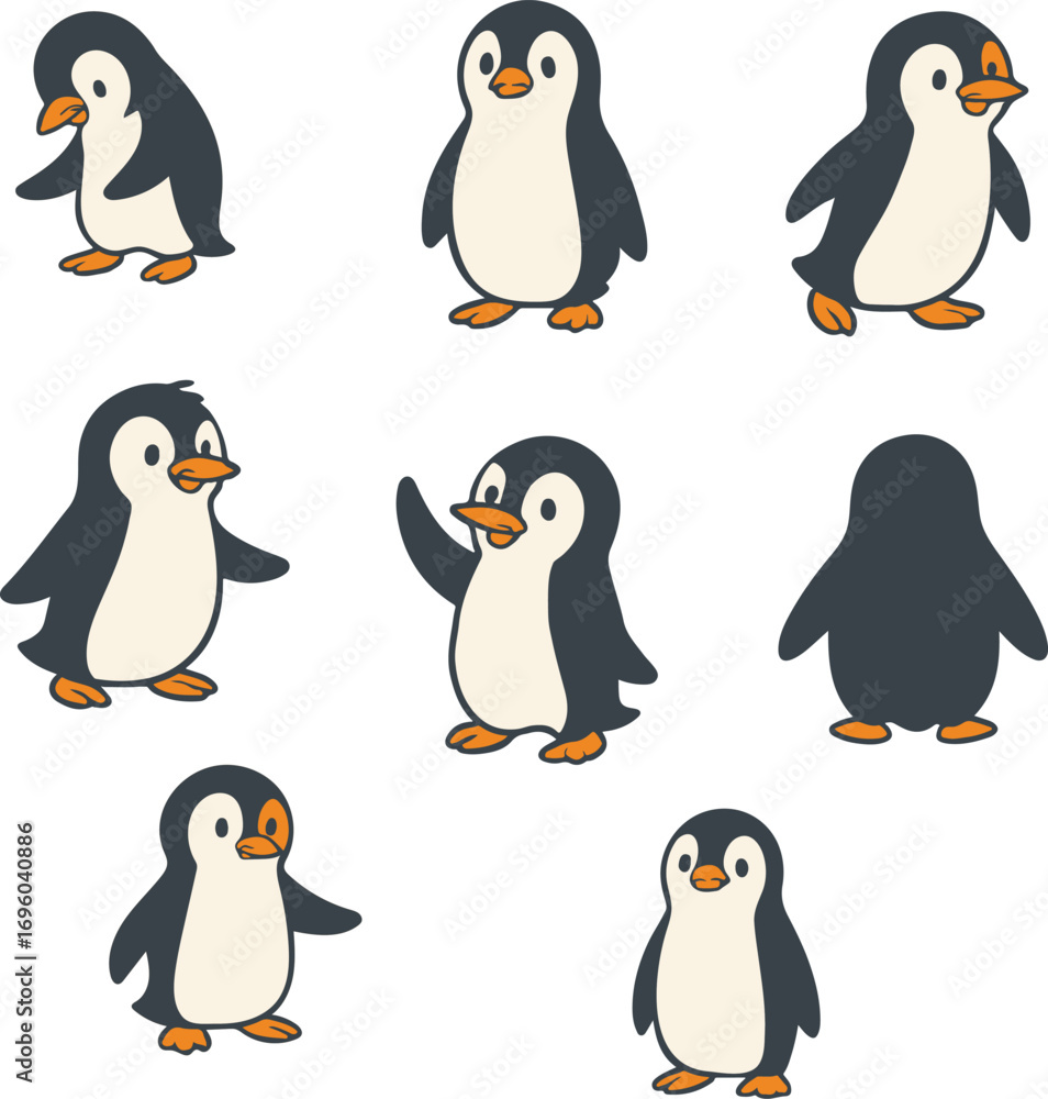 Fototapeta premium Playful Cartoon Penguin Set Whimsical Character Poses for Kids and Animation