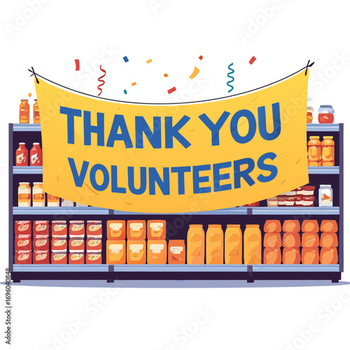 Volunteers appreciation thank you message banner at food pantry vector